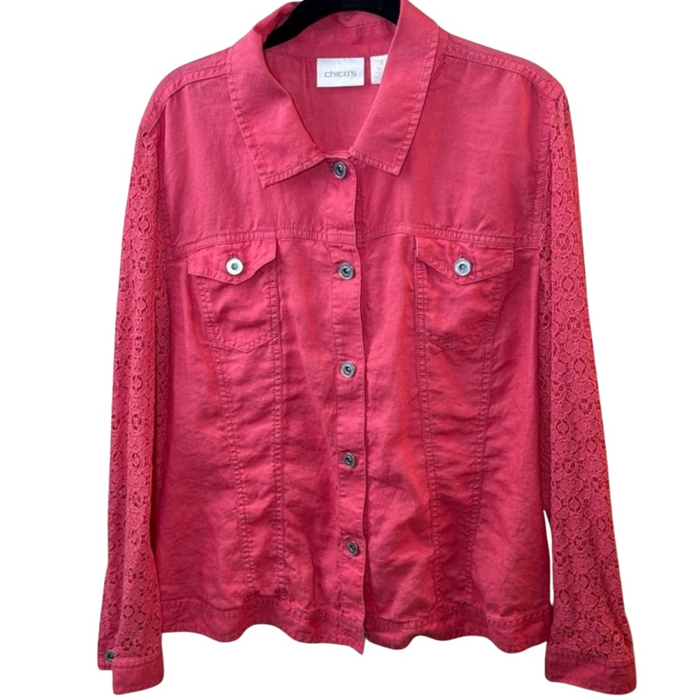Chico’s Coral Linen Jacket with Lace Sleeves – Size 3 (XL)